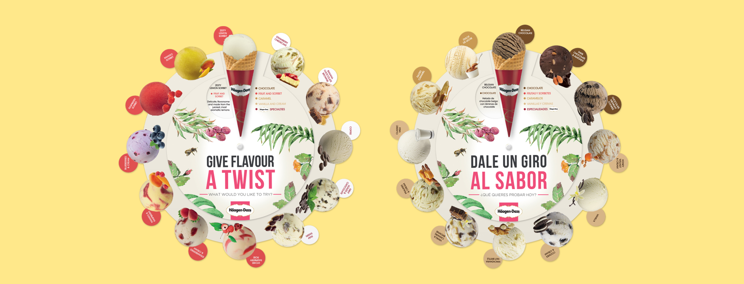 The image shows two versions (English and Spanish) of the pop-up menu produced for Häagen-Dazs. It consists of a central piece where the ice cream balls are shown and two pieces, on each side, with a cone.