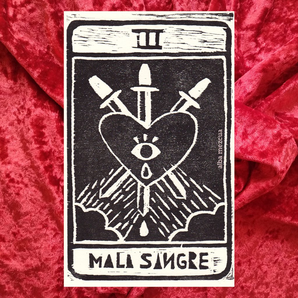 Three of swords tarot card. On the top there's a roman number three (three capital letters i). The center contains the illustration: a crying heart is crossed by three swords, from the bottom corners, two black clouds rain in the direction of the heart. On the lower part of the letter, the words "Mala sangre", which in Spanish mean "bad blood".

 Abajo el nombre de la carta es "Mala sangre".